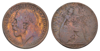 Великобритания 1/2 пенни 1921 Георг V (1910-1936) KM 809, Spink 4056 бронза 4700-1212