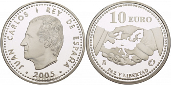 Испания 10 евро 2005 M, 60 лет миру и свободе в Европе KM 1065 серебро PROOF 11-168-15