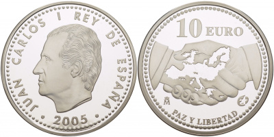 Испания 10 евро 2005 M, 60 лет миру и свободе в Европе KM 1065 серебро PROOF 11-168-15