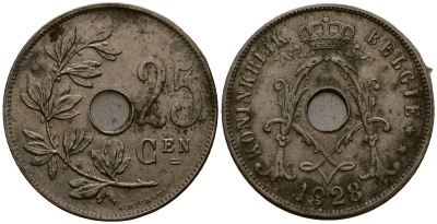 Бельгия 25 сантимов 1928 Belgie KM 69 медно-никель 4131-831