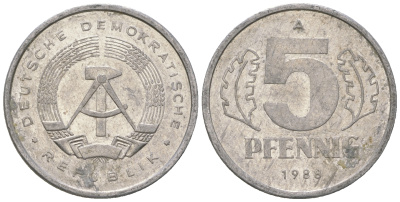 ГДР 5 пфеннигов 1988 A КМ 9.2 алюминий 3458-1262