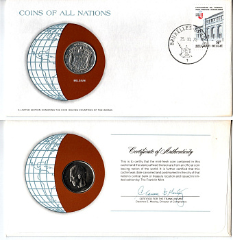 Бельгия 10 франков 1976 конверт с маркой первого дня гашения, Coins of Nations KM 155.1 никель UNC 4294-26-1
