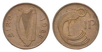 Ирландия 1 пенни 1988 мифологическая птица лира KM 20 бронза 4690-447