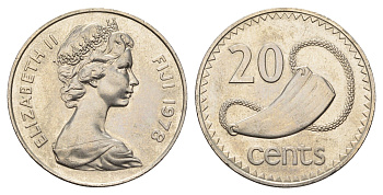 Фиджи 20 центов 1978 Елизавета II (1952-2022), китовый зуб KM 31 медно-никель UNC 4545-432