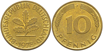 ФРГ 10 пфеннигов 1978 F KM 108, J. 383 сталь плакированная латунью 175-743