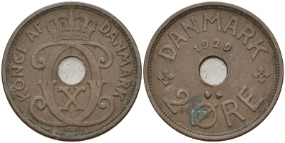 Дания 2 эре 1929 Кристиан X (1912-1947) KM 827 бронза 4147-456