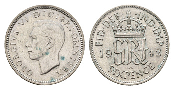 Великобритания 6 пенсов 1942 Георг VI (1936-1952) KM 852, Spink 4084 серебро 4392-1336