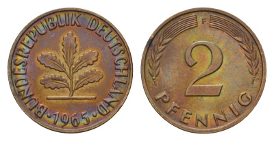 ФРГ 2 пфеннига 1965 F KM 106, J. 381 бронза 211-812