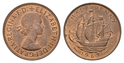 Великобритания 1/2 пенни 1967 Елизавета II (1952-2022) KM 896, Spink 4158 бронза 92-831