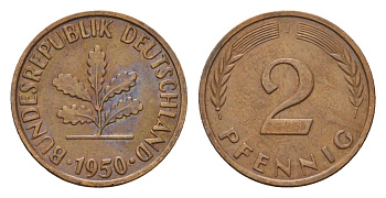 ФРГ 2 пфеннига 1950 J KM 106, J. 381 бронза 4594-512