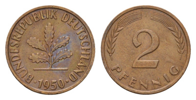 ФРГ 2 пфеннига 1950 J KM 106, J. 381 бронза 4594-512