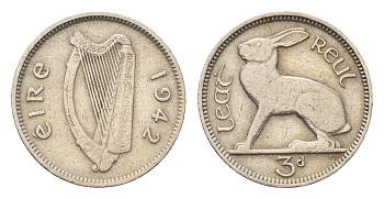 Ирландия 3 пенса 1942 заяц KM 12a медно-никель 4696-427
