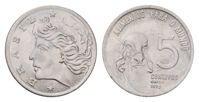 Бразилия 5 сентаво 1975 ФАО, зебу KM 587 нержавеющая сталь UNC 4687-1017