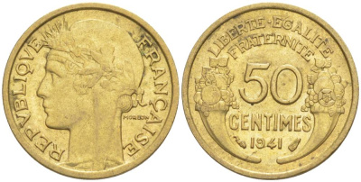 ФРАНЦИЯ 50 САНТИМОВ 1941 ТИП MORLON KM 894.1, LE FRANC 192.18 алюминиевая бронза 44-547
