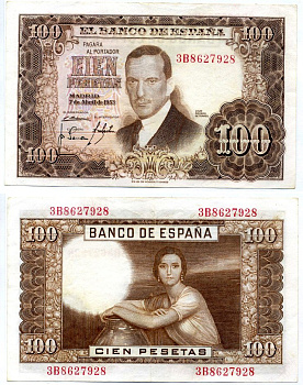 Испания 100 песет 1953 7 апреля 1953 Pick 145а бумага 8617-27-2-2