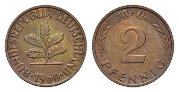 ФРГ 2 пфеннига 1960 F KM 106, J. 381 бронза 4547-724