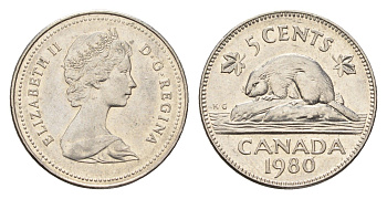 Канада 5 центов 1980 Елизавета II (1952-2022), бобр KM 60.2 никель 4684-629