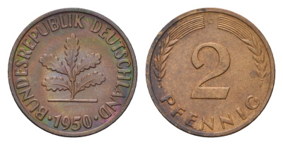 ФРГ 2 пфеннига 1950 D KM 106, J. 381 бронза 4682-1051