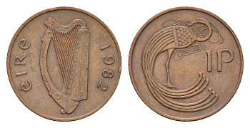 Ирландия 1 пенни 1982 мифологическая птица лира KM 20 бронза 4690-434