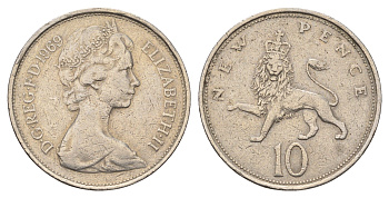 Великобритания 10 пенсов 1969 Елизавета II (1952-2022) KM 912, Spink 4231 (F1) медно-никель 4692-733