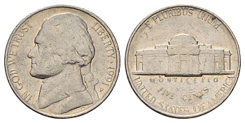 США 5 центов 1991 P, Джефферсон KM A192 медно-никель 4671-1125