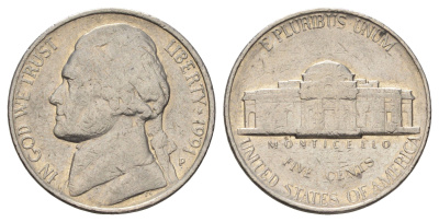 США 5 центов 1991 P, Джефферсон KM A192 медно-никель 4671-1125