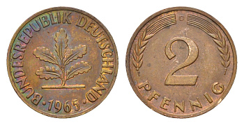 ФРГ 2 пфеннига 1965 D KM 106, J. 381 бронза 4549-668