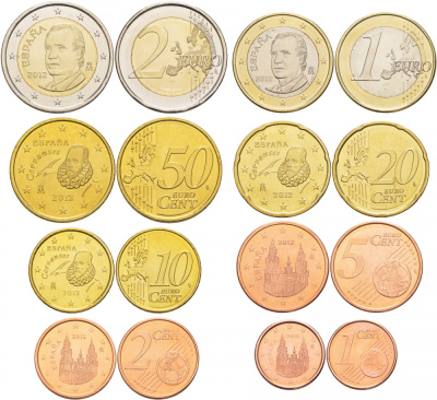 Испания евронабор из 8 монет 2012 1, 2, 5, 10, 20, 50 евроцентов, 1 и 2 евро KM 1040, 1041, 1042, 1070, 1071, 1072, 1073, 1074 4686-331-337
