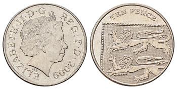Великобритания 10 пенсов 2009 Елизавета II (1952-2022) KM 1110 медно-никель 4671-553