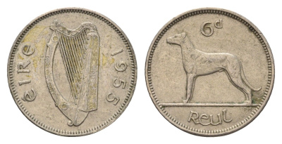 Ирландия 6 пенсов 1955 собака, ирландский волкодав KM 13a медно-никель 4690-334