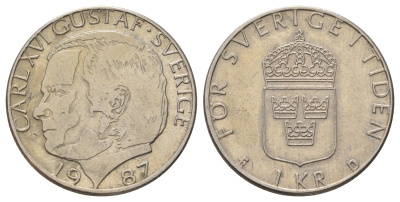 Швеция 1 крона 1987 Карл XVI Густав (1973-) KM 852a медно-никель 4671-345