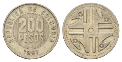 Колумбия 200 песо 1997 KM 287 медь цинк никель 4143-831