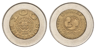 Португалия 100 эскудо 1999 UNICEF, PORTUGUESA KM 722.1 биметалл UNC 4678-835