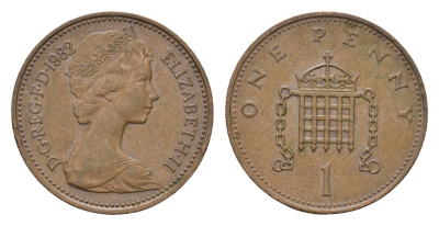 Великобритания 1 пенни 1982 Елизавета II (1952-2022) KM 927, Spink 4238 (B2) бронза 4684-1022