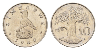 Зимбабве 10 центов 1980 птица-идол, баобаб KM 3 медно-никель 4682-626