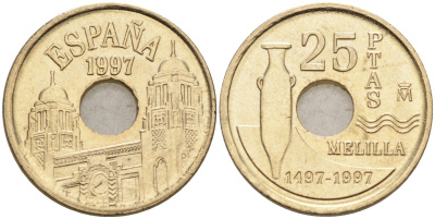 Испания 25 песет 1997 Мелилья (Melilla), Хуан Карлос I (1975-2014) KM 983 латунь 4582-641