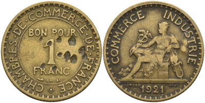 Франция 1 франк 1921 KM 876, Le Franc 218.5 алюминиевая бронза 4142-554
