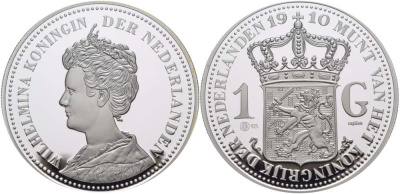 НИДЕРЛАНДЫ МЕДАЛЬ ND 1 ГУЛЬДЕН 1910, ВИЛЬГЕЛЬМИНА, ДИАМЕТР 45 ММ., ВЕС 31,33 ГР. серебро PROOF 00-00