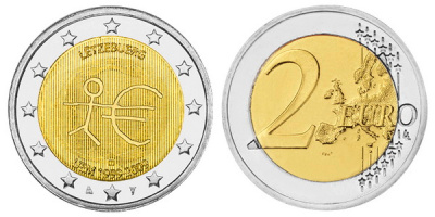 Люксембург 2 евро 2009 10 лет монетарной политики ЕС (EMU) и введения евро KM 107 биметалл UNC M44-15