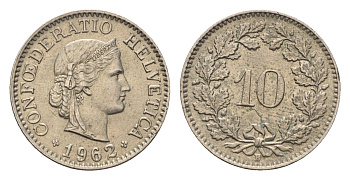 Швейцария 10 раппенов 1962 KM 27 медно-никель 4685-249