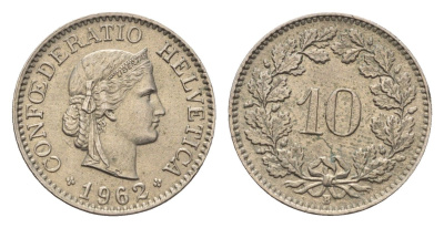Швейцария 10 раппенов 1962 KM 27 медно-никель 4685-249