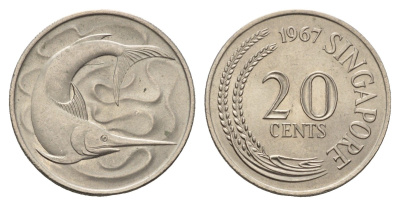 Сингапур 20 центов 1967 голубой марлин, тунец KM 4 медно-никель UNC 4579-1013