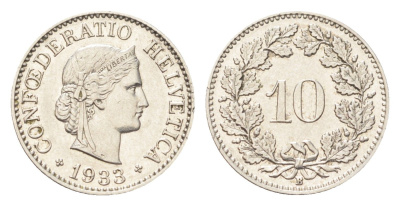 Швейцария 10 раппенов 1933 B KM 27b никель 4708-148