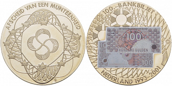 Нидерланды медаль 2001 банкнота 100 гульденов, эмиссия (1993-2001), серебрение, цветная эмаль  медно-никель  PROOF  1078-7-64
