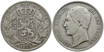 Бельгия 5 франков 1850 Леопольд I (1831-1865) KM 17 серебро 1066-5-34