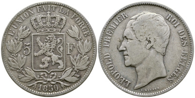Бельгия 5 франков 1850 Леопольд I (1831-1865) KM 17 серебро 1066-5-34