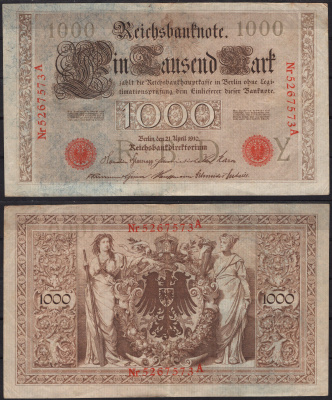 Германия 1000 марок 1910 Pick 45 b бумага 2192-88-1-2