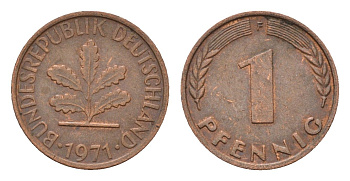 ФРГ 1 пфенниг 1971 F KM 105, J. 380 сталь плакированная медью 4685-334