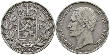 Бельгия 5 франков 1852 Леопольд I (1831-1865) KM 17 серебро 1066-20-33