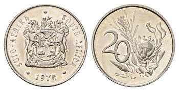 ЮАР 20 центов 1970 тираж 10.000 экземпляров KM 86 никель PROOF 4622-546